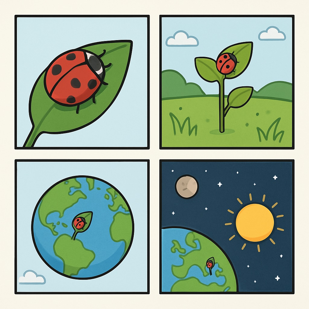 An illustration showing a sequence of images zooming out to reveal a larger picture, used in Zoom activities for classroom learning. Zoom activities sequence showing progressive zoom-out images for classroom use.
