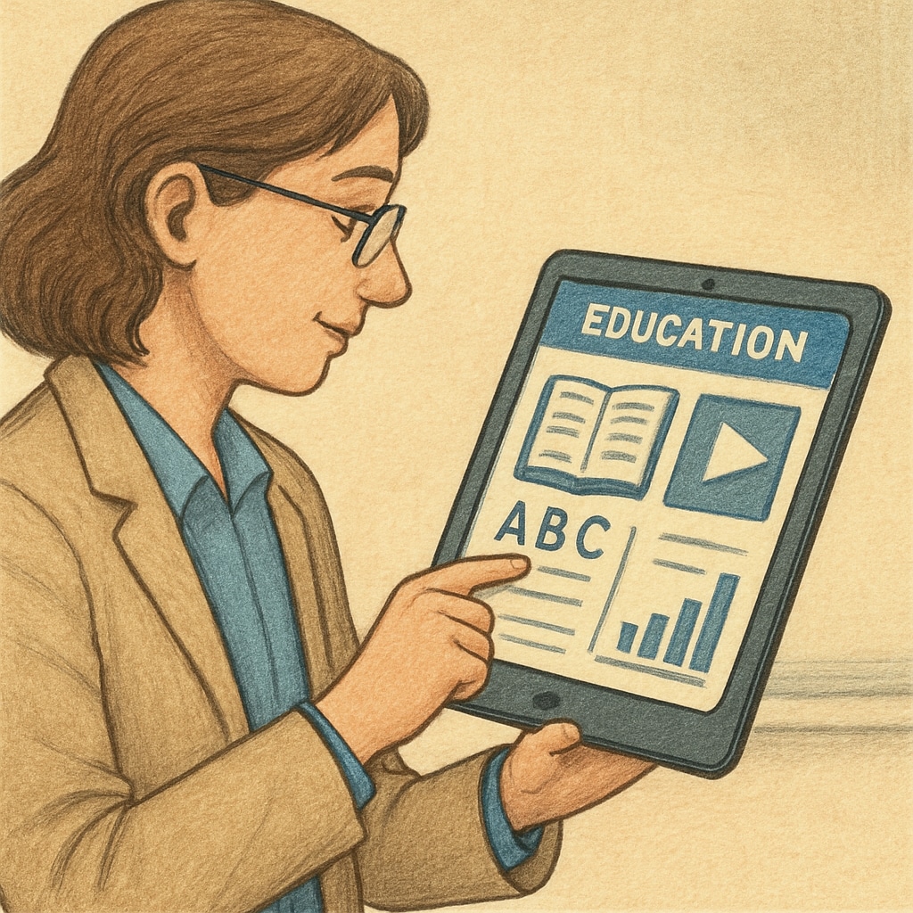 A teacher using a tablet to review an educational app, representing modern teaching tools. A teacher testing a children's reading app on an Android device.