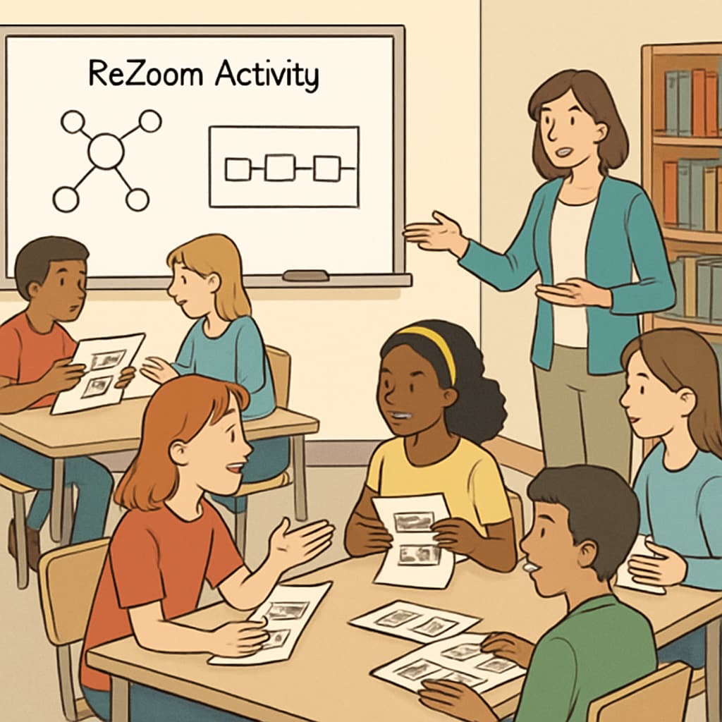 A classroom setting where students are actively engaged in a ReZoom activity, discussing image sequences and connections. ReZoom activity in a classroom where students analyze image sequences collaboratively.