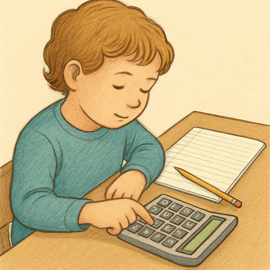 A child calculating their allowance on a calculator to understand budgeting, symbolizing practical math applications. A child using a calculator to budget, highlighting math in daily life.