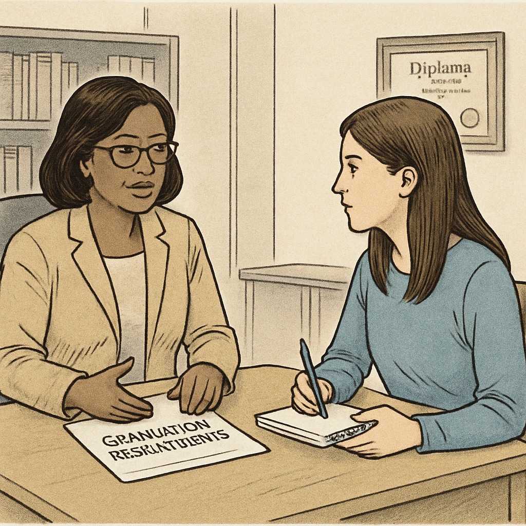 A high school counselor discussing graduation requirements with a student diagnosed with ADHD. High school counselor helping ADHD student plan graduation requirements.