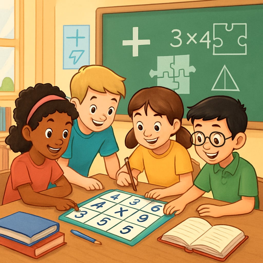 A group of children solving a math-based puzzle game together, showcasing the collaborative and fun side of learning math. Children collaborating on a math puzzle game, emphasizing fun in math education.