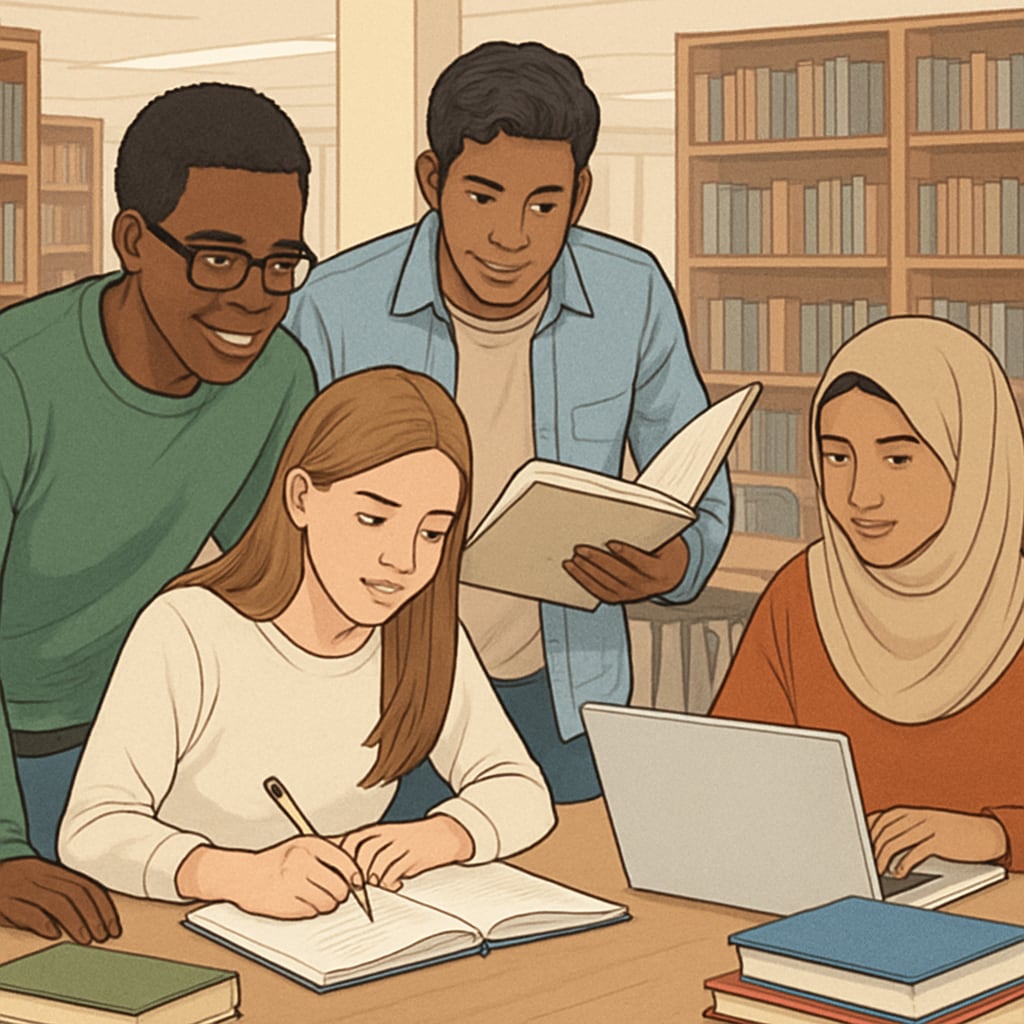 A diverse group of international students studying together in a university library in the US. International students discussing coursework, symbolizing US Master’s degree opportunities.