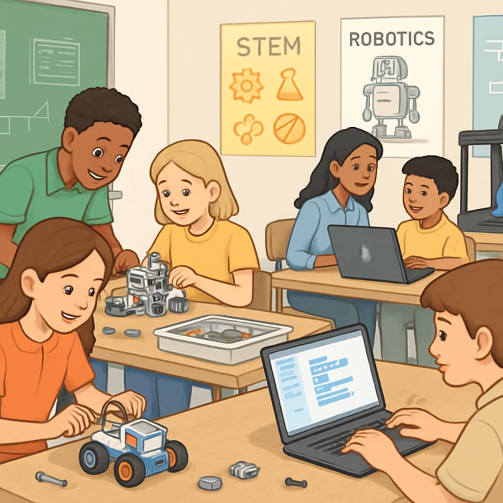 A classroom setting where K12 students are engaged in STEM-related activities, including robotics and 3D modeling, emphasizing hands-on learning. K12 students participating in STEM activities related to design engineering, robotics, and 3D modeling.