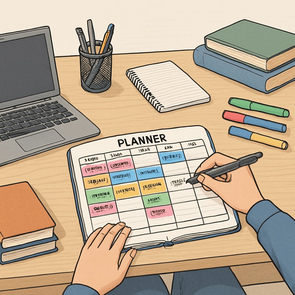 A student using a color-coded planner to organize their classes and assignments. ADHD student organizing coursework with a color-coded planner.