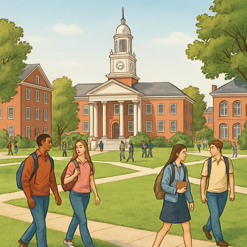 A campus view of a top US university with students walking across a green lawn. Scenic view of a US university campus, representing study abroad destinations.