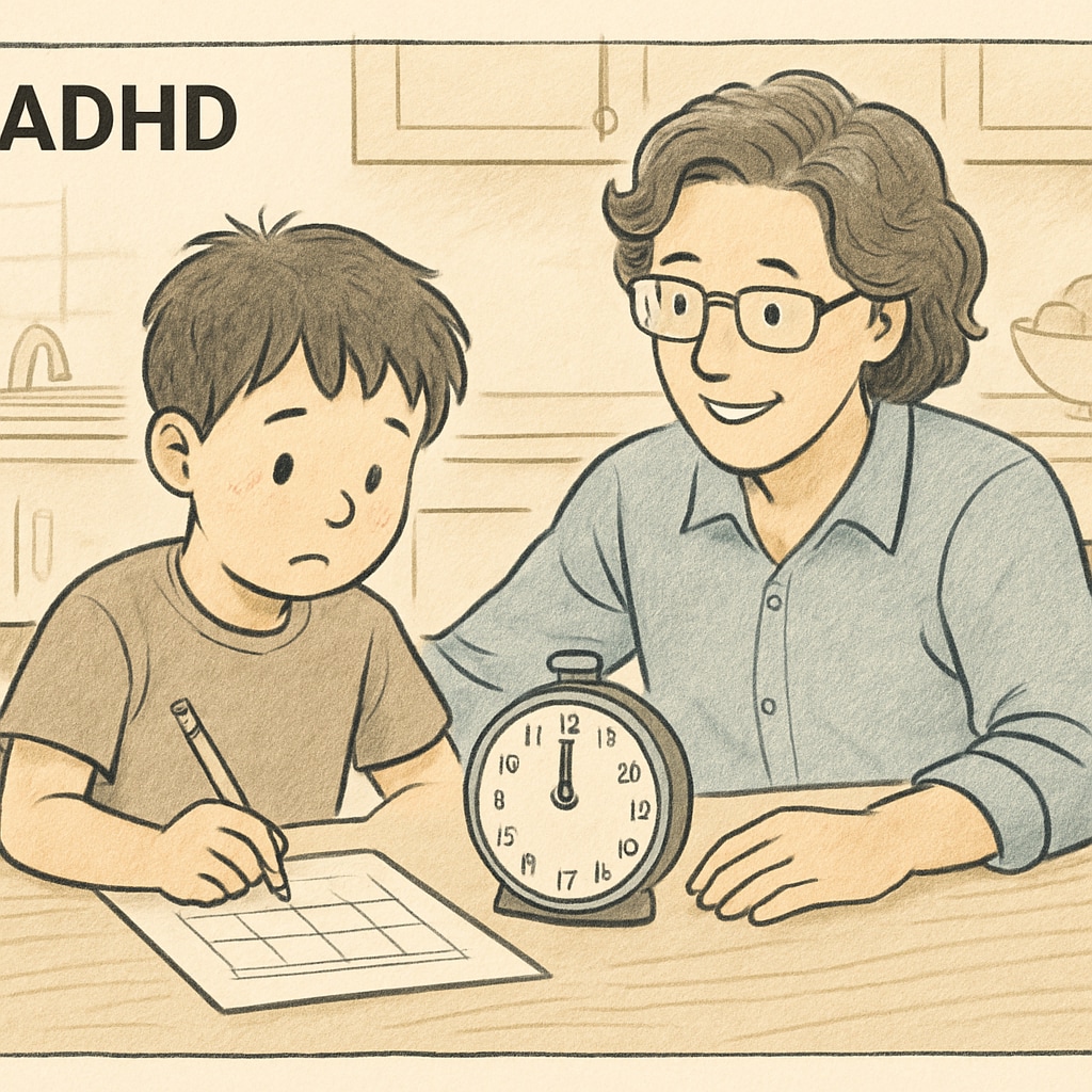 A young child with ADHD working on a time-management activity with a parent at a kitchen table. A child with ADHD practicing executive function skills through a time-management activity.