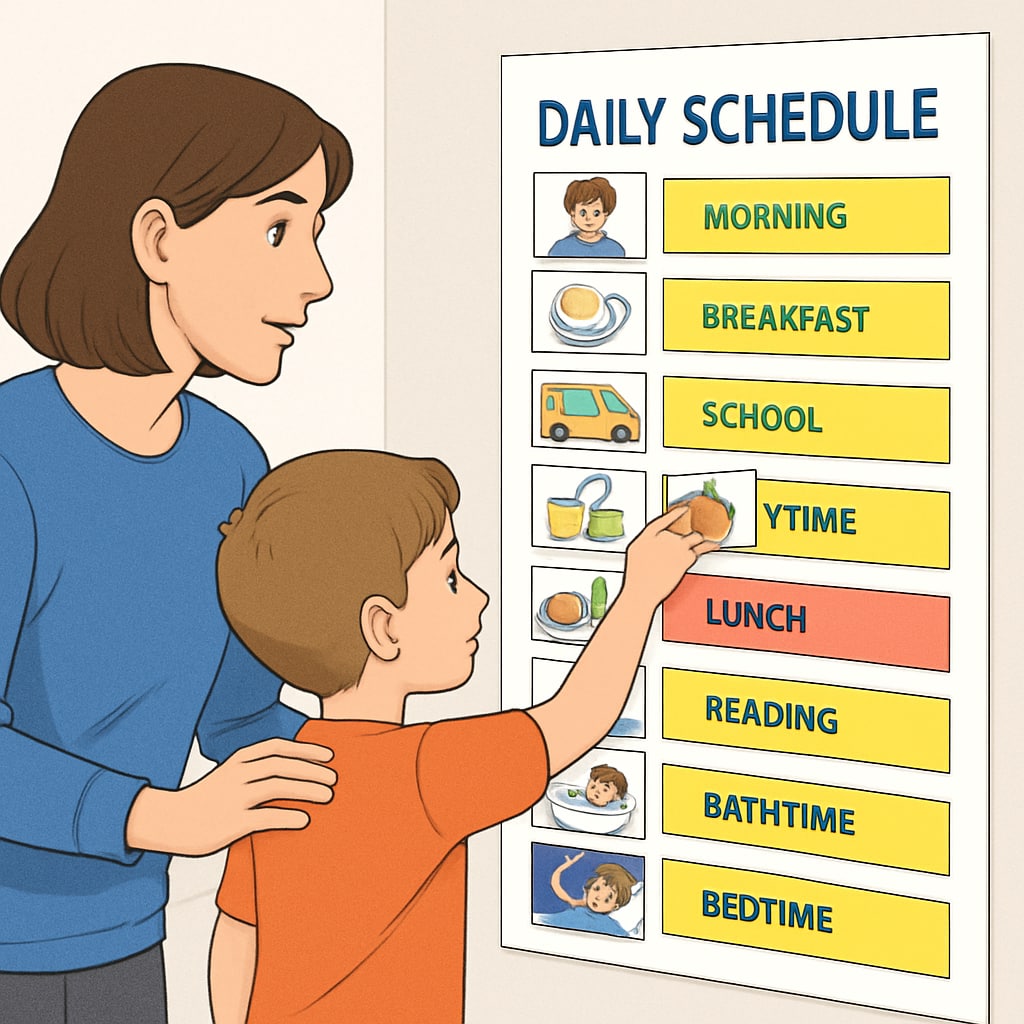 A parent and child using a colorful visual schedule on a wall to organize daily activities. A visual schedule being used to help a child with ADHD plan their day.
