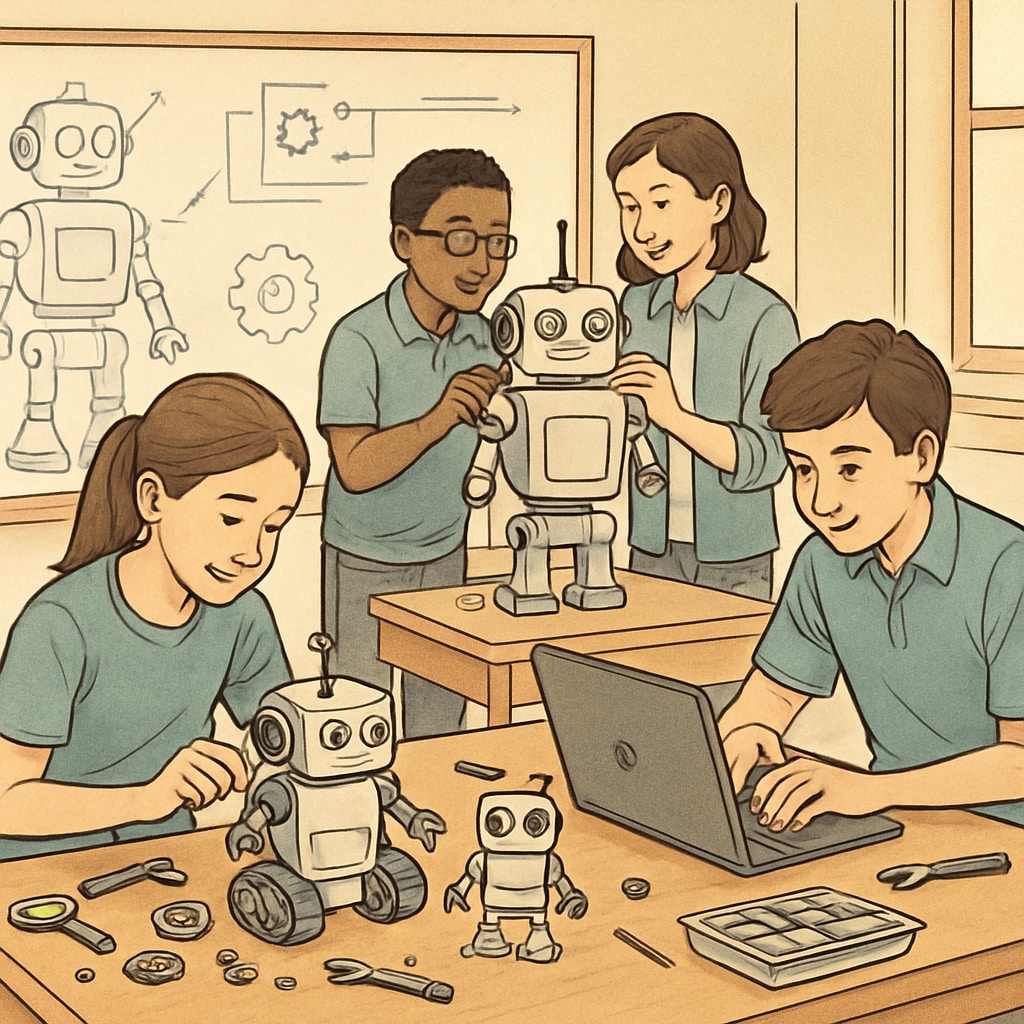 A classroom setting where students are working on a robotics project, demonstrating a blend of technical skills and critical thinking. Students working on a robotics project in a classroom, showcasing the integration of Career and Technical Education and traditional academics.