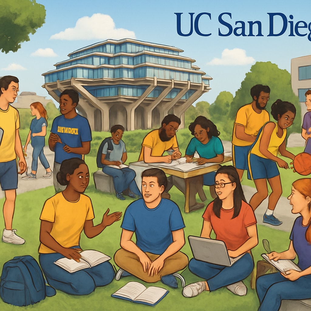 A bustling UC San Diego campus showcasing students from diverse backgrounds engaging in academic and extracurricular activities. UC San Diego campus highlighting diversity and student engagement