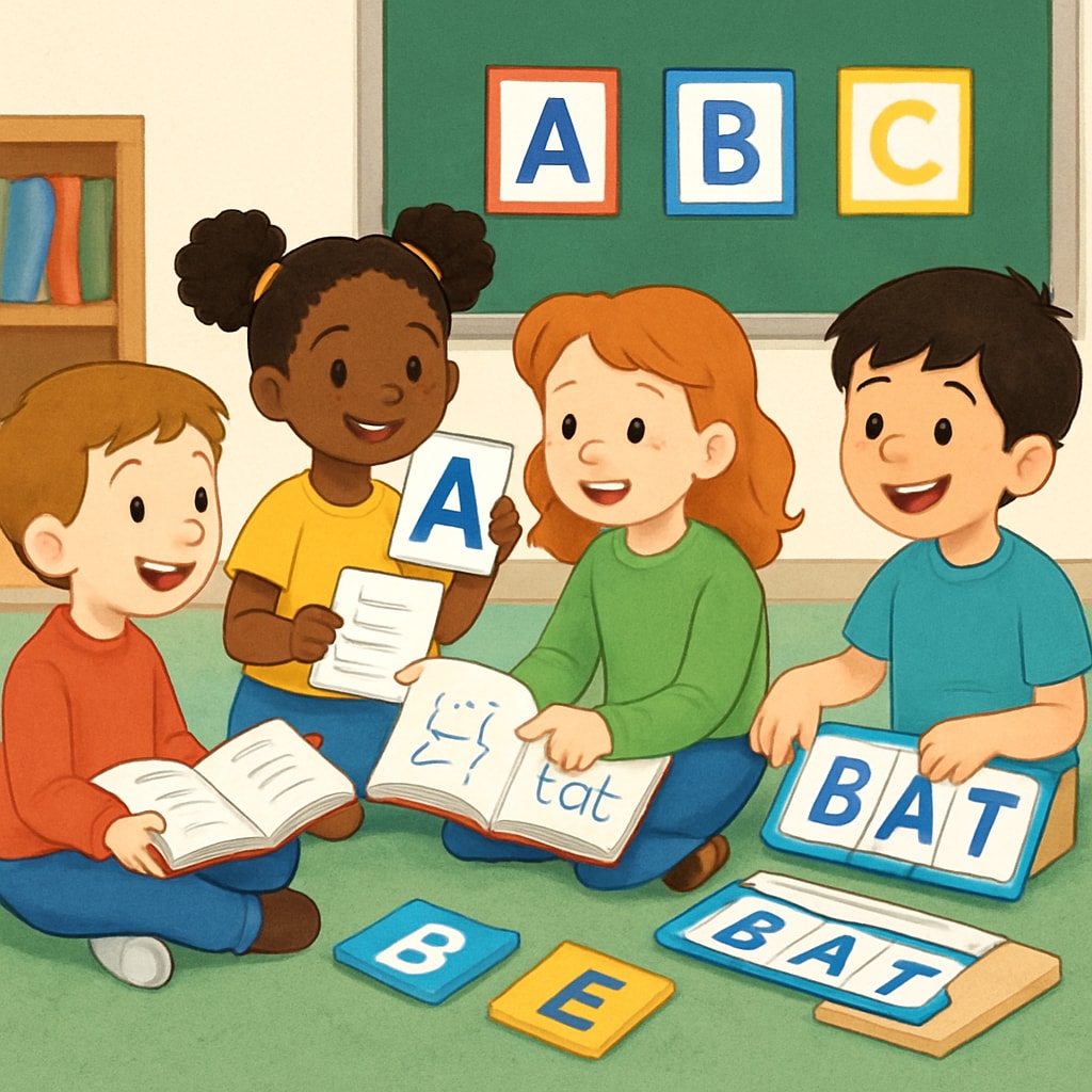 Children engaging in a group activity from World of Language textbook.