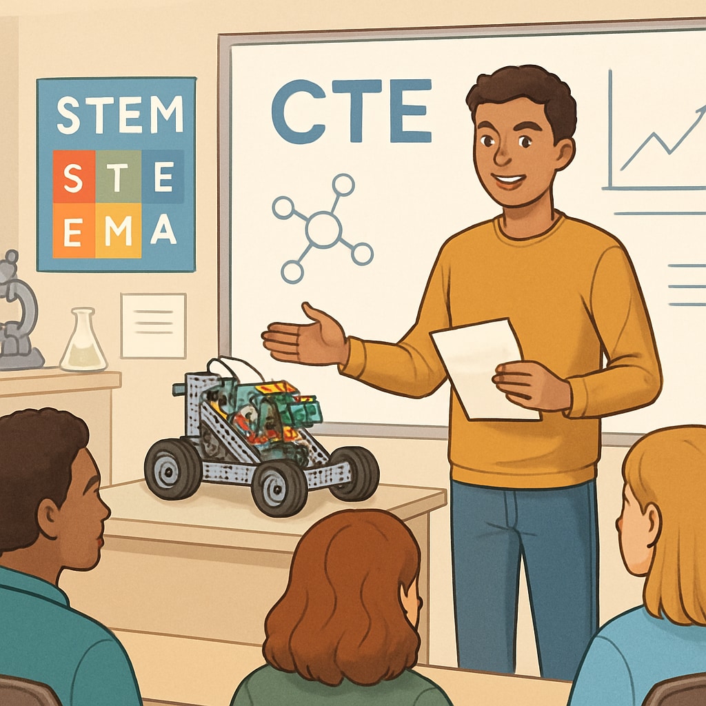 A high school student presenting a STEM project to peers, illustrating the integration of CTE and traditional academic skills. A student presenting a STEM project, representing the balance of Career and Technical Education and traditional academics.