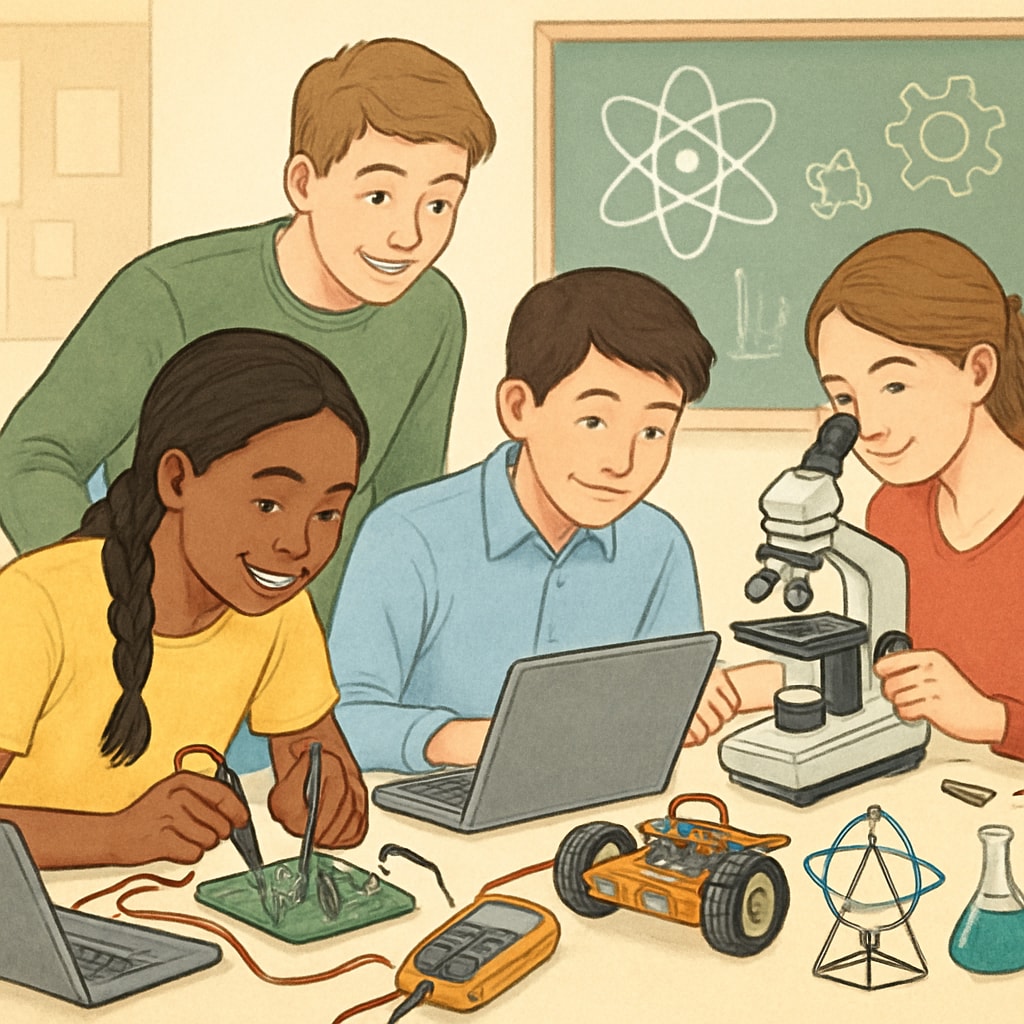 A group of high school students participating in a STEM workshop, highlighting innovative approaches to education. High school STEM workshop illustrating innovative K-12 strategies