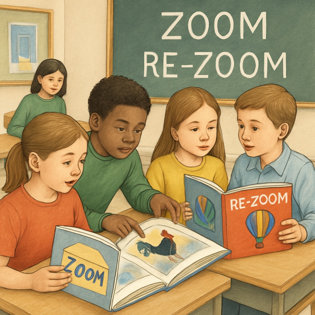 A classroom setting with students exploring Zoom and ReZoom books, emphasizing their engagement with visual storytelling. Students engaging with Zoom and ReZoom activities in a classroom.