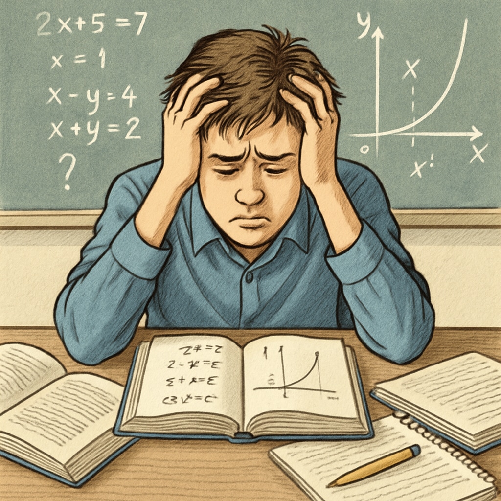 A high school student sitting at a desk, looking overwhelmed while studying math problems. Math anxiety, exam pressure, and multiple-choice challenges affecting students.