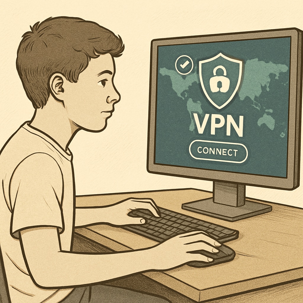 A teenager using a computer with a VPN interface displayed on the screen, symbolizing digital circumvention and privacy. Teenager using VPN to bypass UK age verification laws
