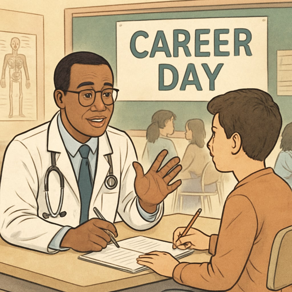A student interviewing a doctor during a career day event at school. The doctor is explaining their daily responsibilities and answering questions about the medical profession. Student interviewing a doctor during a career day event at school.