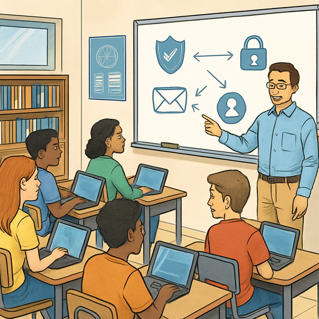 A classroom setting where teenagers are actively participating in a digital literacy workshop, with a teacher explaining online privacy tools. Teenagers learning about VPNs and online safety in a classroom