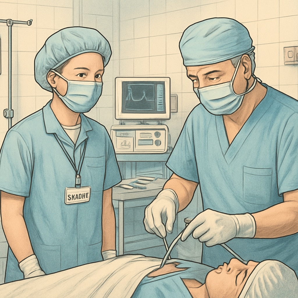 A high school student participating in a medical internship program at a hospital. The student is observing a medical procedure under the guidance of a healthcare professional. High school student participating in a medical internship program at a hospital.