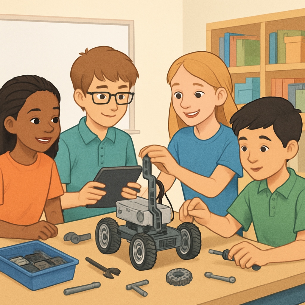 A group of K12 students working together on a robotics project in a classroom, showcasing teamwork and early exposure to engineering. K12 students collaborating on a robotics project related to engineering design.