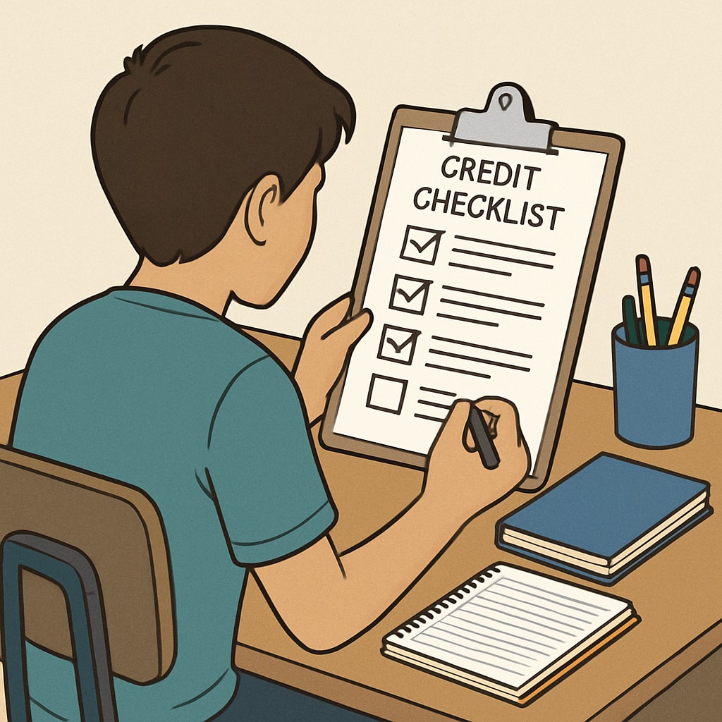 A student reviewing a high school credit checklist at their desk, symbolizing the planning process for credit recovery. Student reviewing high school credit checklist to catch up on progress.