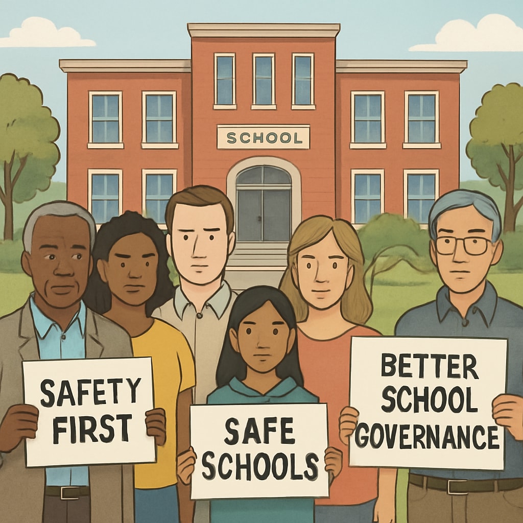 A group of community members protesting outside a school building in a small town, holding signs advocating for safer school governance. Protesters advocating for safer school governance outside a school building.