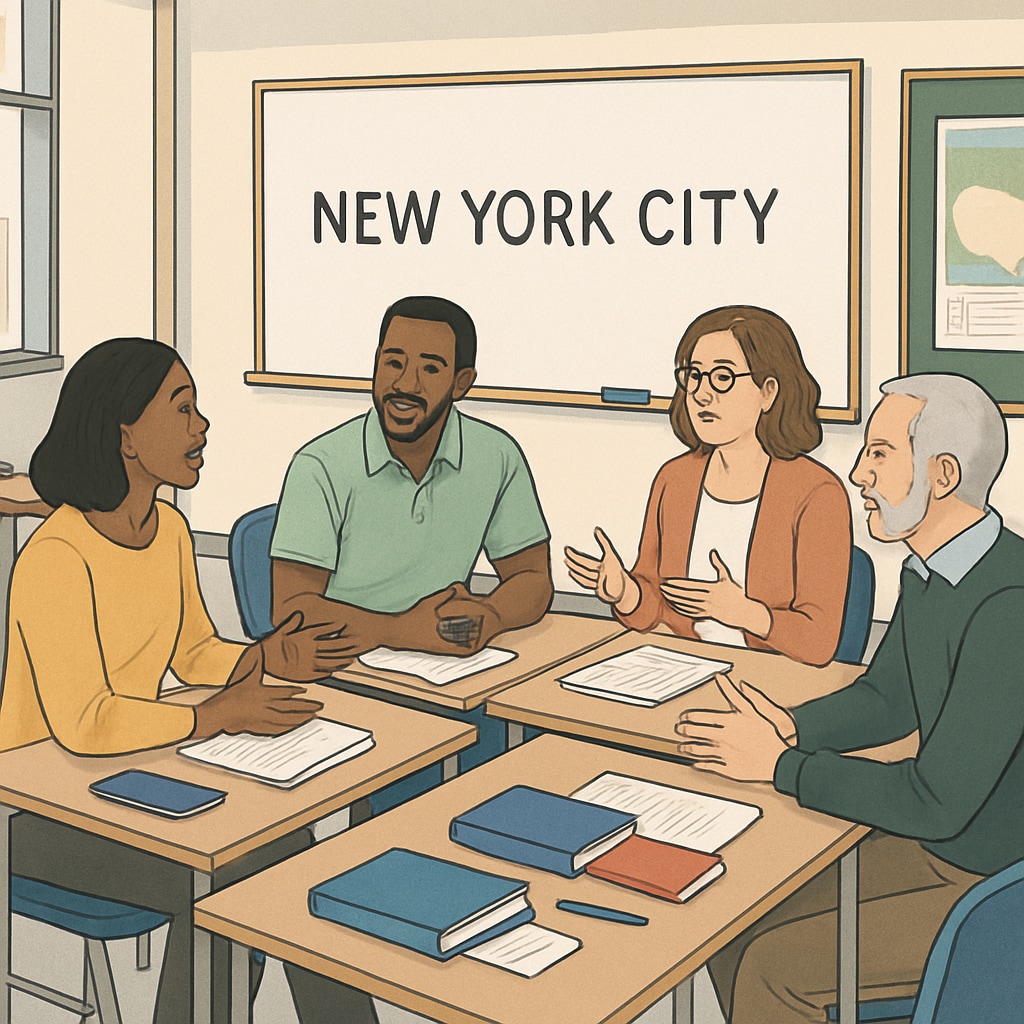 Adult learners in a New York classroom participating in foundational education courses.