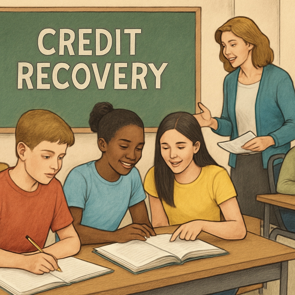 A classroom setting where students are engaged in a credit recovery program, highlighting active participation. Classroom with students participating in a credit recovery program.