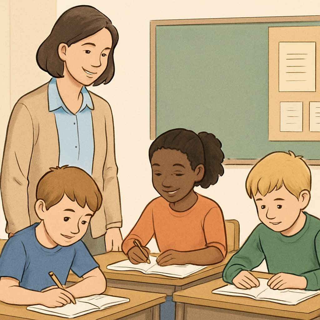 A teacher supervising children in a classroom, emphasizing safety and trust as integral to education. Classroom scene highlighting safety and trust in educational settings.