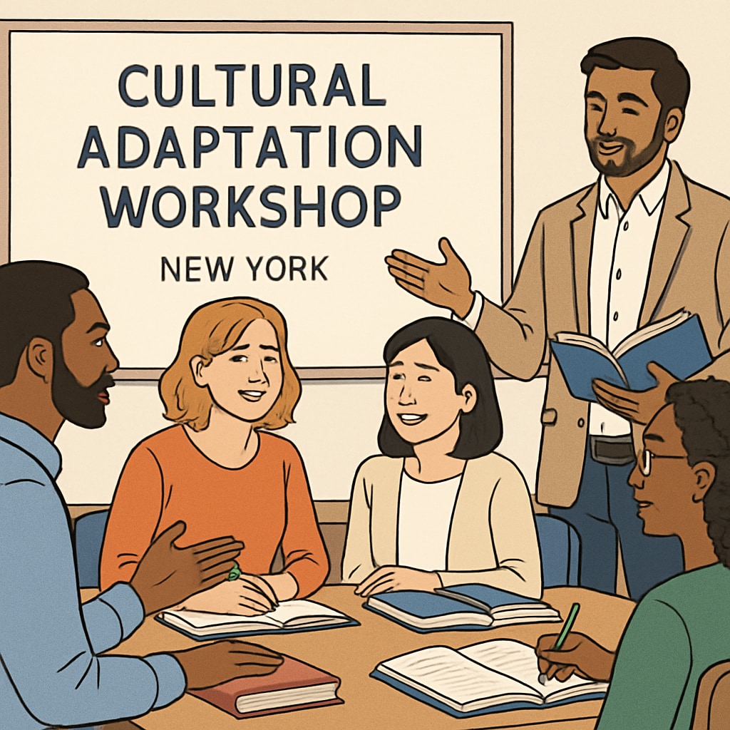Adult foreign students participating in a cultural adaptation workshop in New York.
