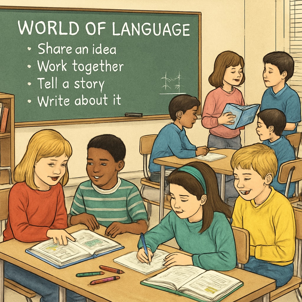 A classroom setting from the 90s, where students are actively participating in group activities inspired by Students in a 90s classroom engaging in group tasks based on