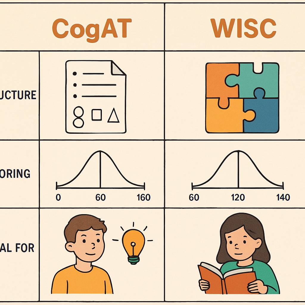 A comparison chart illustrating the differences between CogAT and WISC, showing their structure, scoring methods, and ideal use cases. Comparison of CogAT and WISC features for evaluating children's intelligence