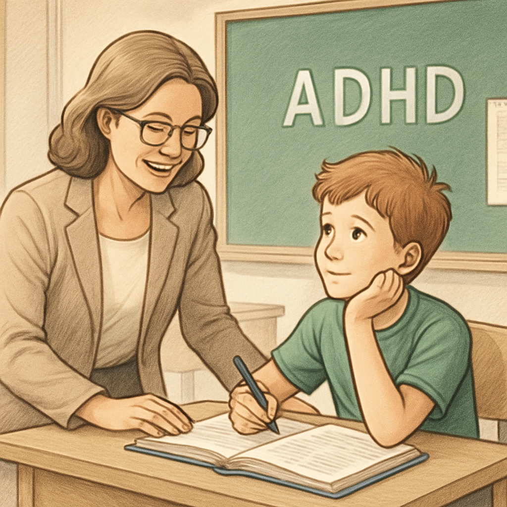 A teacher working one-on-one with an ADHD student, emphasizing personalized education strategies to highlight their strengths. Teacher supporting ADHD student in gifted education program