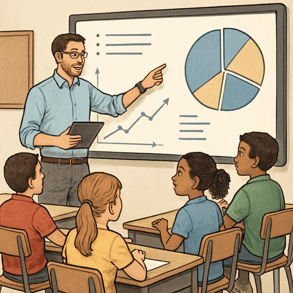 A teacher using interactive technology (e.g., a smartboard) to engage a classroom of students. The image emphasizes modern strategies to reduce boredom. A teacher engaging students with interactive technology during a lesson.