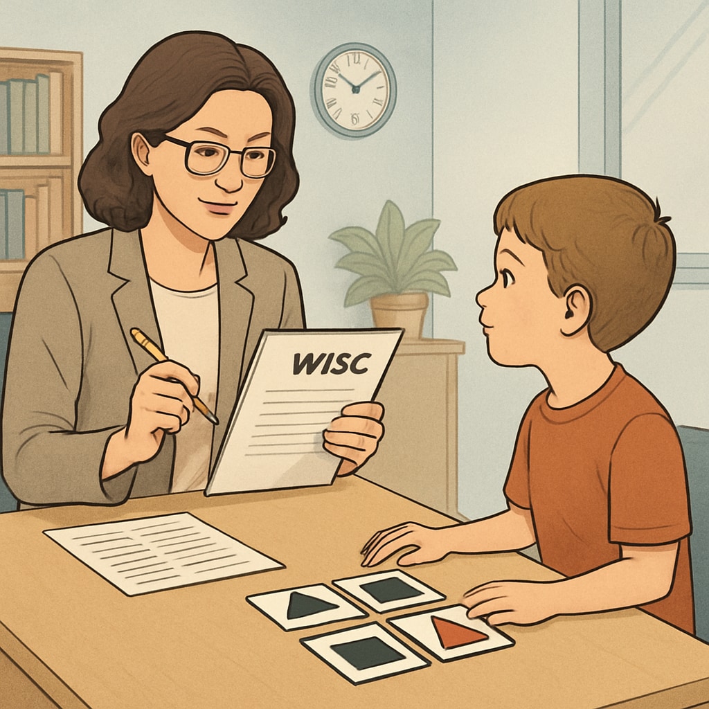 A psychologist administering the WISC test to a young child, highlighting the one-on-one evaluation process. Psychologist conducting WISC intelligence test for children