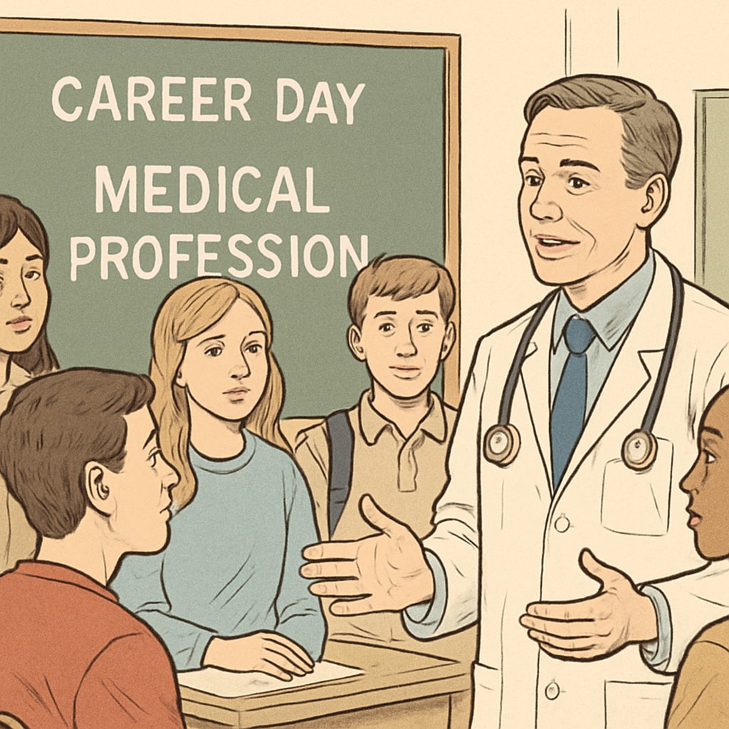 A group of high school students talking to a doctor during a career day event about the medical profession. High school students discussing medical career options with a doctor during a career day.