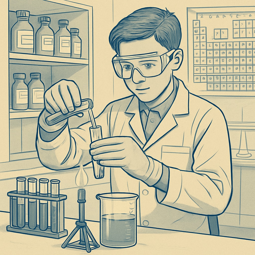 A high school student conducting a chemistry experiment in a lab, showcasing hands-on scientific learning. High school student performing a chemistry experiment as part of academic preparation for a medical career.