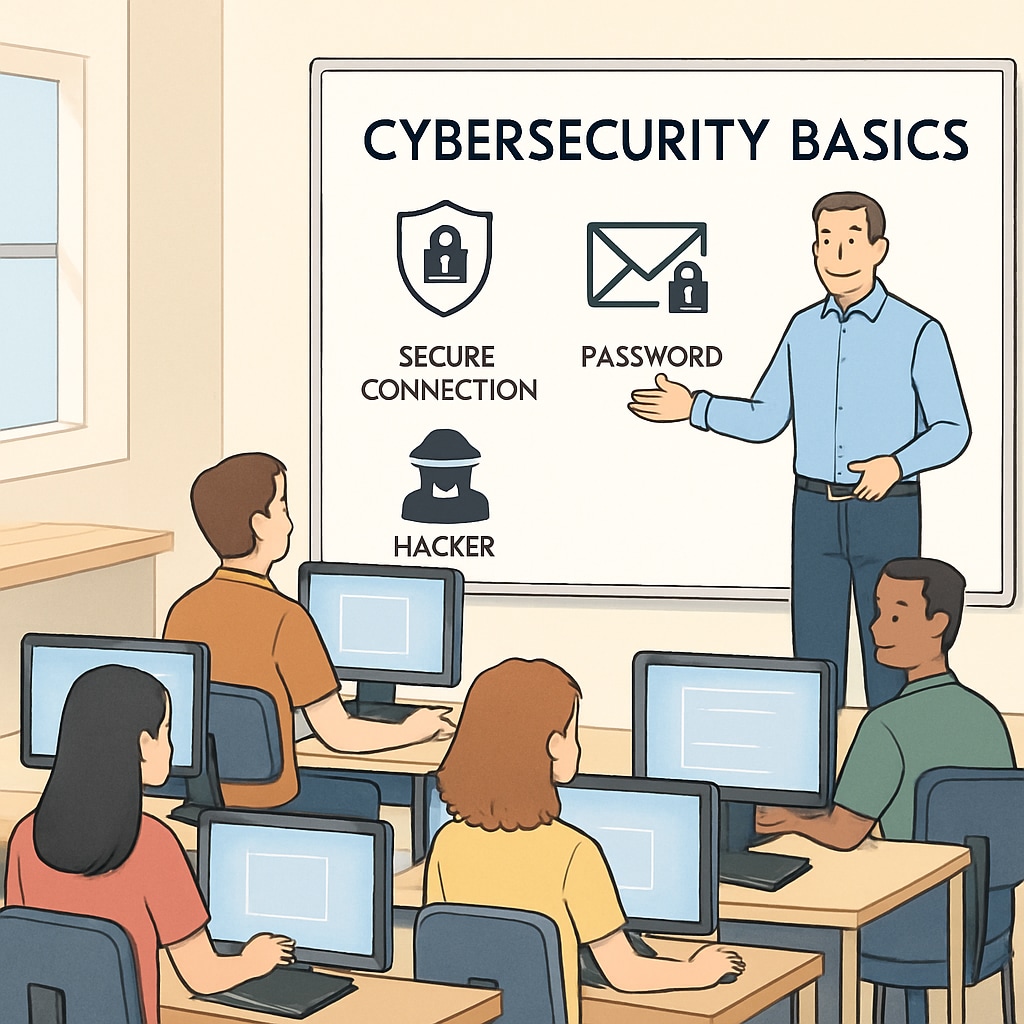 Classroom environment showcasing students learning cybersecurity basics.