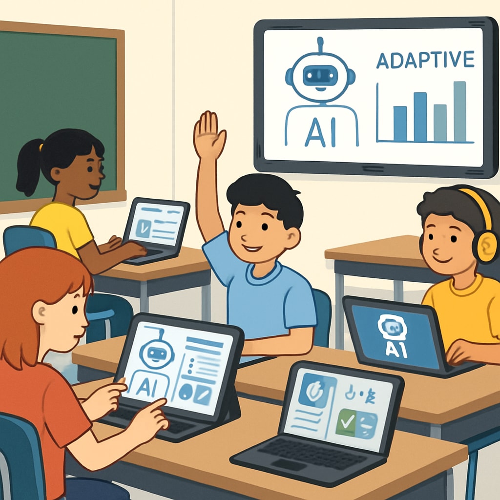 A classroom equipped with smart AI learning tools, showcasing students engaged with adaptive software. Students using AI-powered tools in a classroom setting to enhance learning experiences.