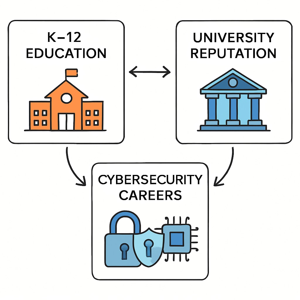 Visual representation of the link between K12 education, university reputation, and cybersecurity careers.