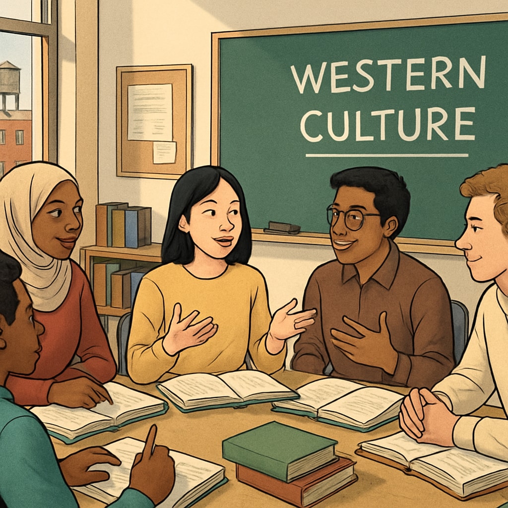 A classroom setting in NYC with diverse international students engaging in a discussion on Western culture. Diverse students in NYC classroom discussing Western culture adaptation.