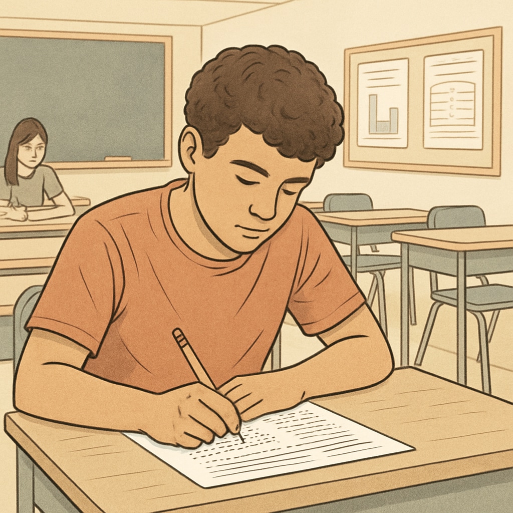 A high school student taking a standardized test in a classroom setting. This image highlights the limitations of traditional grade-based evaluation systems. Student taking a standardized test, symbolizing grade-based assessments.