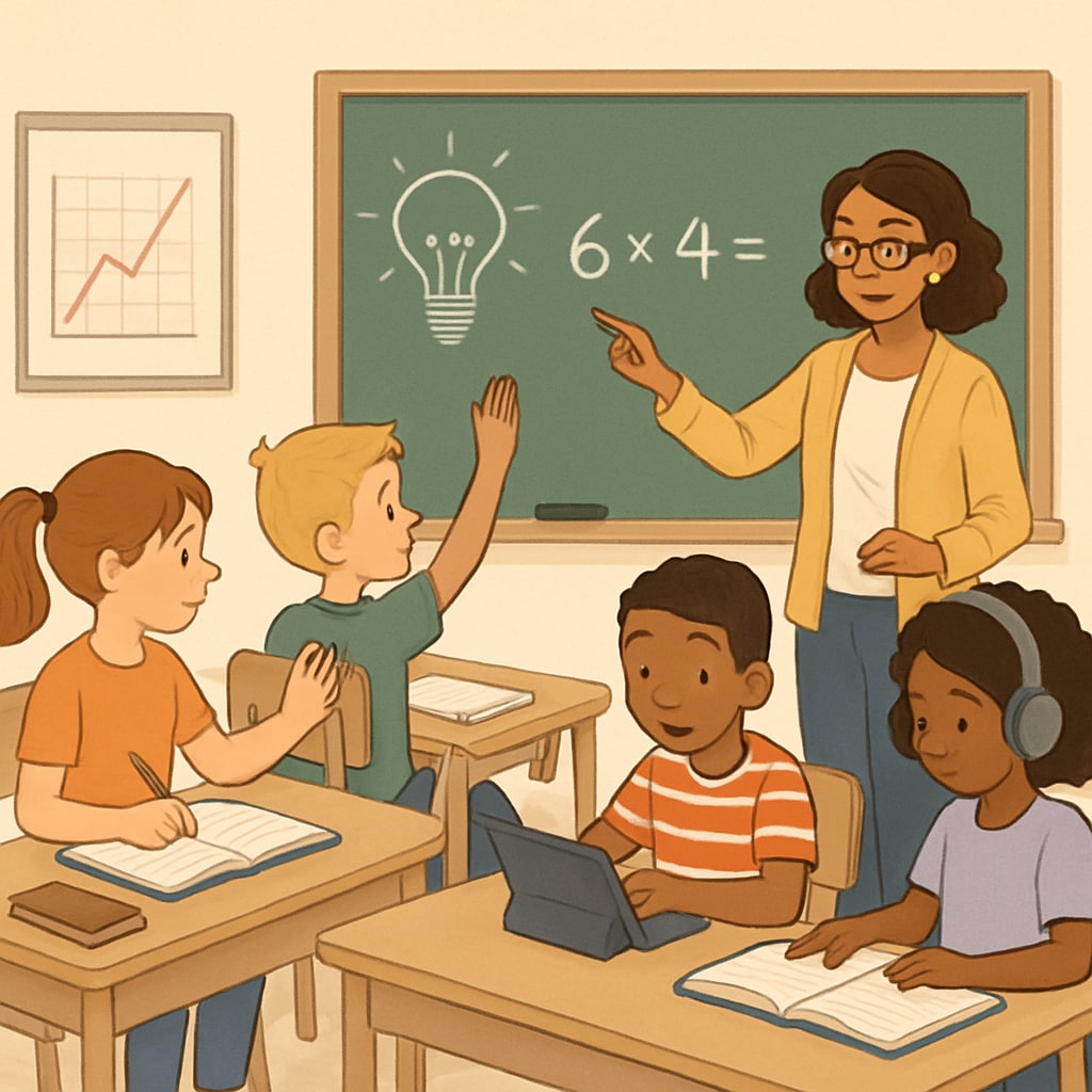 A classroom setting where a teacher engages students with diverse learning styles, emphasizing inclusivity and adaptive education methods. Classroom engaging diverse learners, related to ADHD and gifted education.