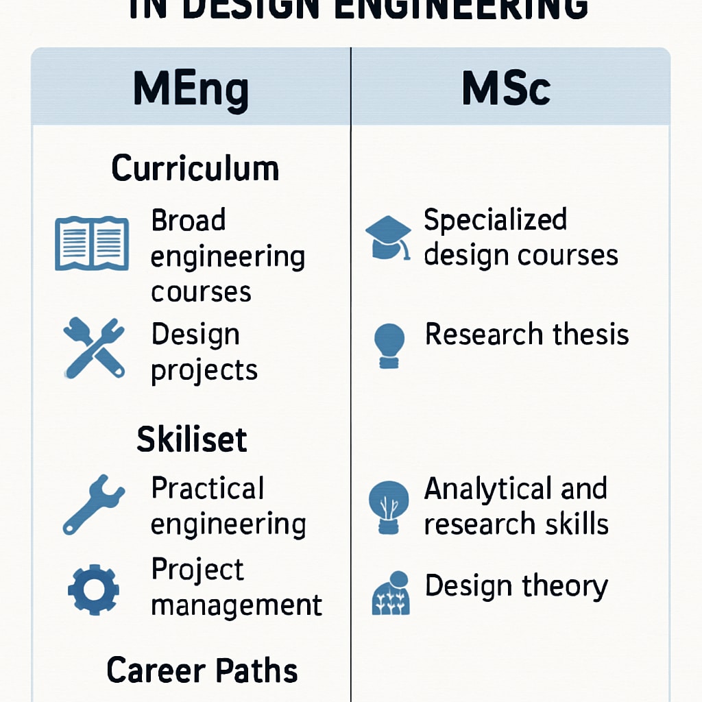 A comparison chart illustrating MEng vs MSc in design engineering, with key differences and career paths. MEng vs MSc in design engineering comparison chart.