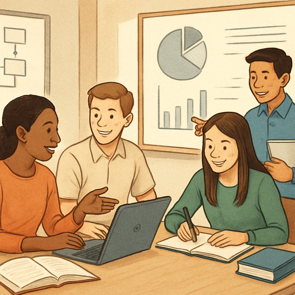 Students collaborating on a group project in a modern classroom. This image represents the benefits of holistic evaluation systems. Students working together on a project, showcasing teamwork and creativity.