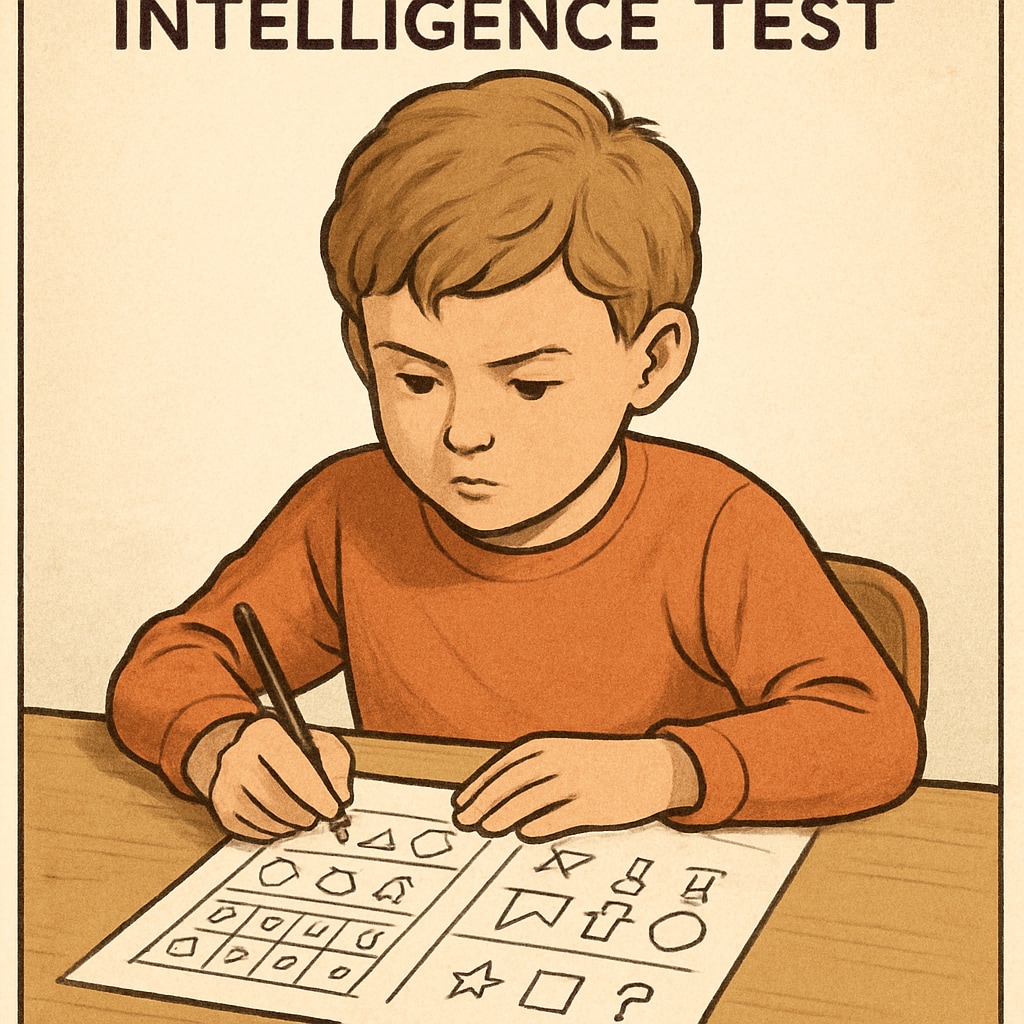 A child engaged in an intelligence test, sitting at a desk with a focused expression. Gifted child intelligence test focus