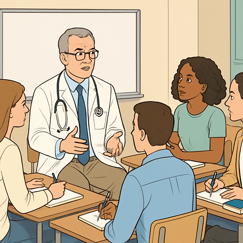 A group of students interviewing a doctor in a classroom setting, capturing engagement and curiosity. Students conducting an interview with a doctor during a school project focused on medical careers.