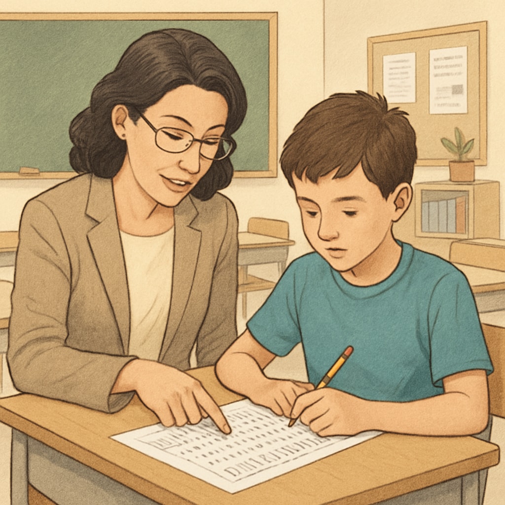 An educator administering a standardized test to a child in a classroom setting. Educator testing gifted child intelligence