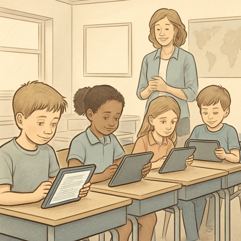 A group of children using tablets for reading in a classroom setting, reflecting the app's role in education. Children reading app in use by kids in a classroom