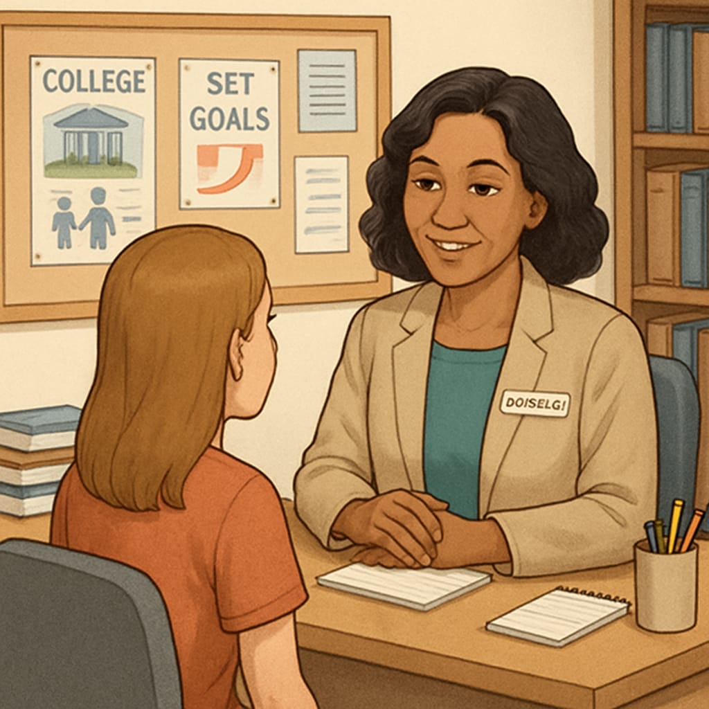 A friendly school counselor sitting in their office while talking to a student, symbolizing their role in supporting student success. School counselor in office speaking with a student, representing support in education.